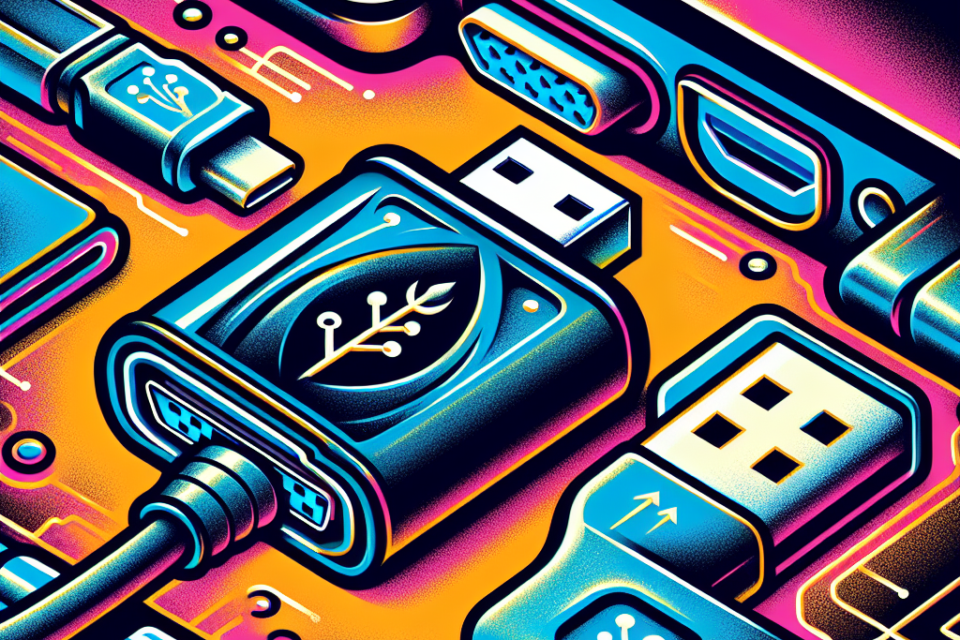 "USB to VGA adapter connected to a laptop with a USB-C port, illustrating compatibility in technology setups."